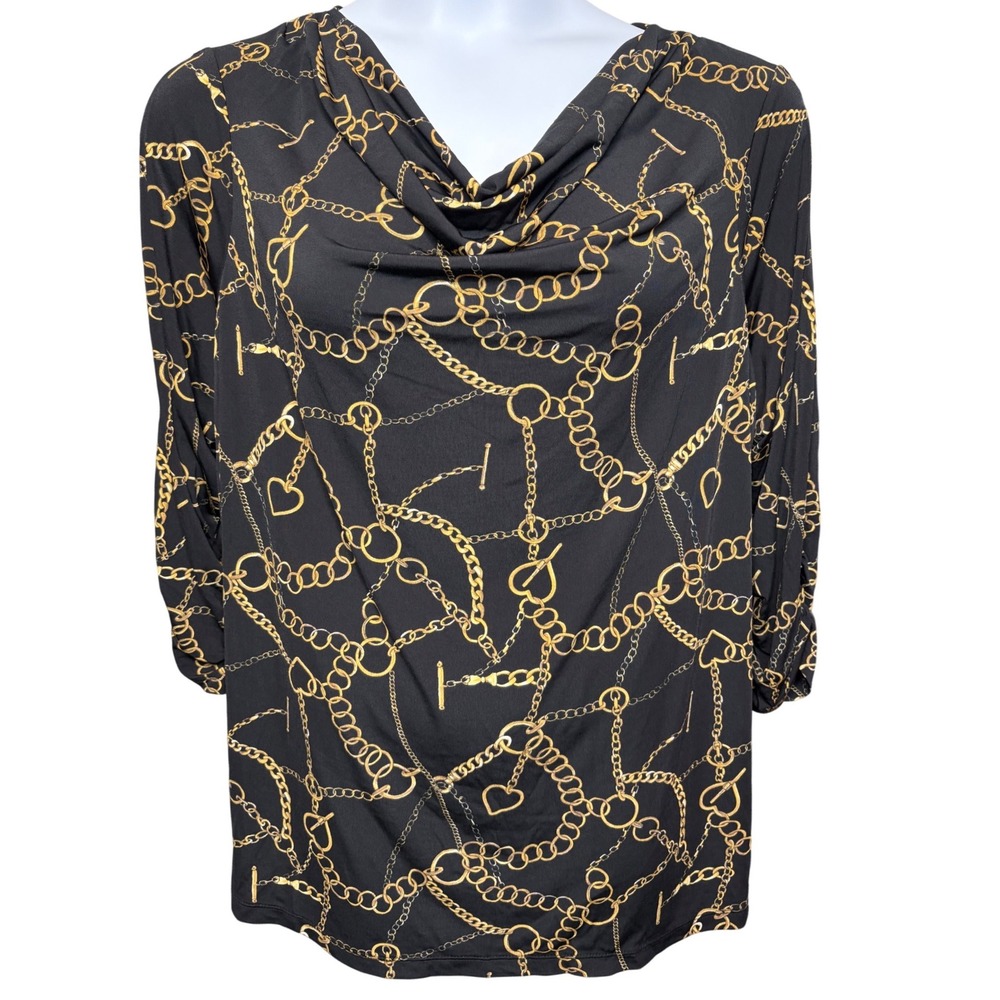 SUSAN GRAVER Womens Black Gold Chain Print Blouse 2X Cold Shoulder Mobwife Glam